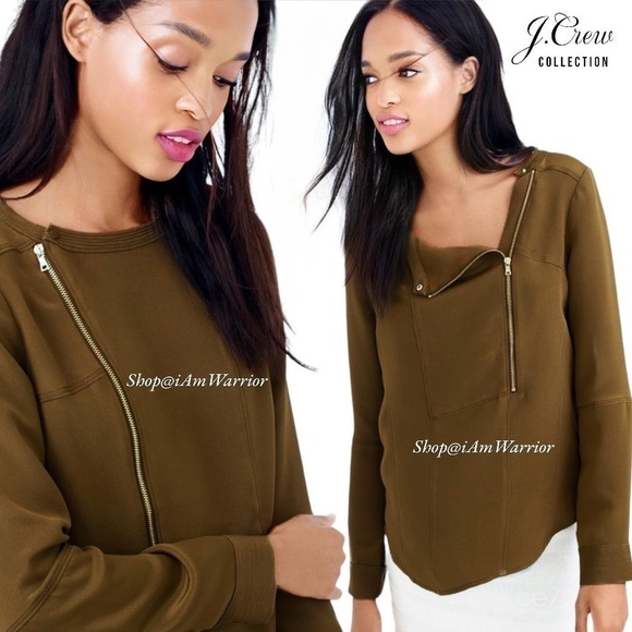 J.Crew Collection olive/brown luxe silk asymmetrical zip top *shop@iamwarrior - Picture 2 of 10